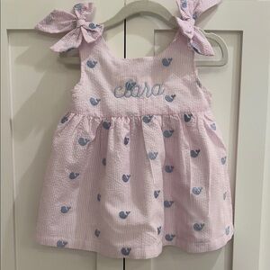 Stitchy Fish Pink/White Seersucker Embroidered Whale Dress w/ Clara Monogram
